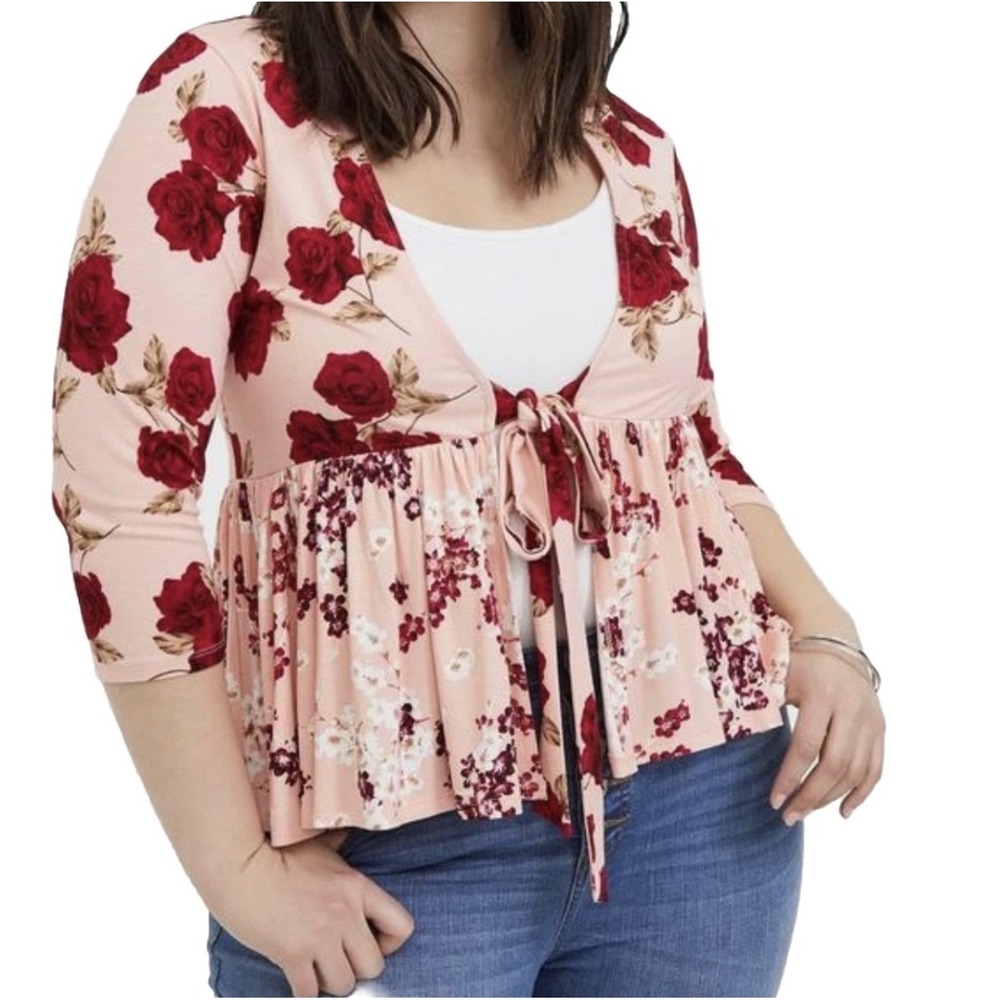 NWT Torrid Womens Floral Rose Tie Front Peplum Cardigan 2X Romantic Red Pink